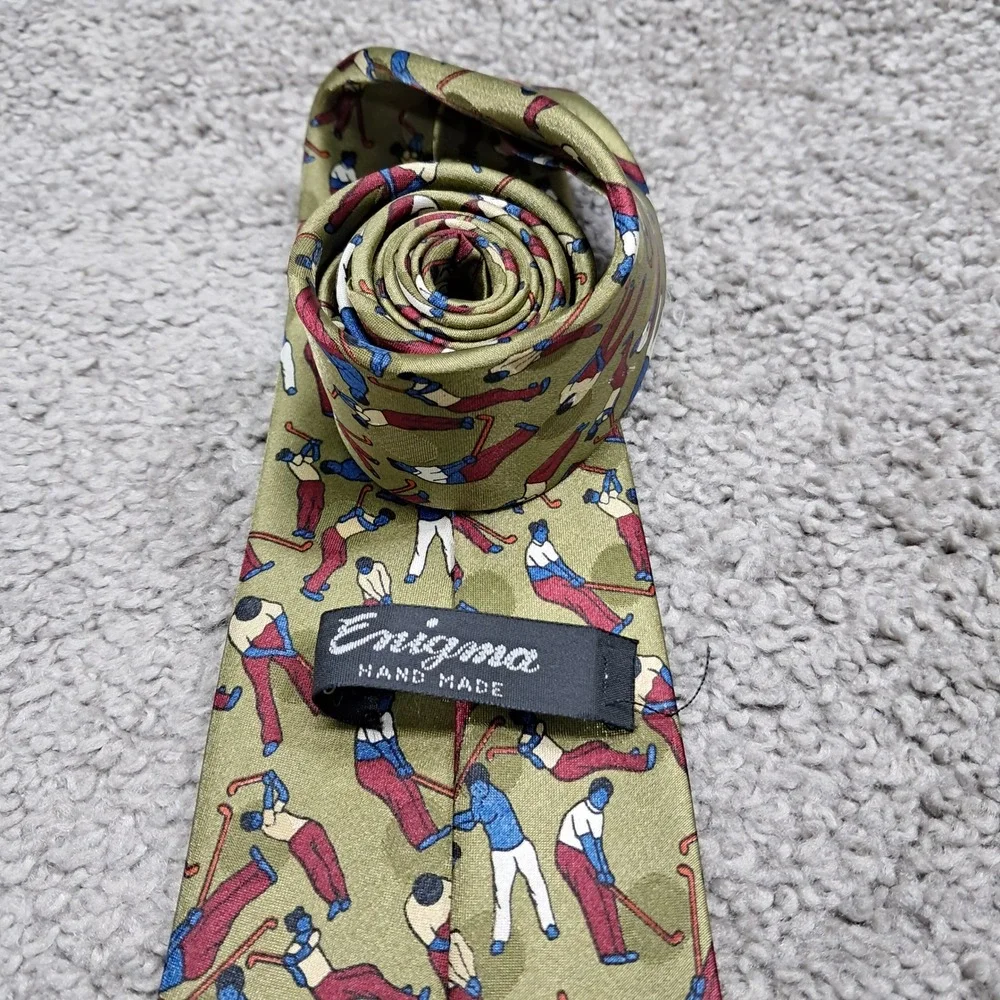 Enigma Hand Made Mens Golf Print Necktie Olive Green Novelty Tie Polyester